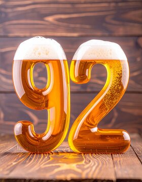 Beer Typography &mdash; Number 92 with Bubbles and Foam on Wooden Background