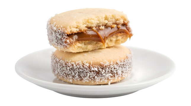 A stack of alfajores cookies on a white plate on transparent background