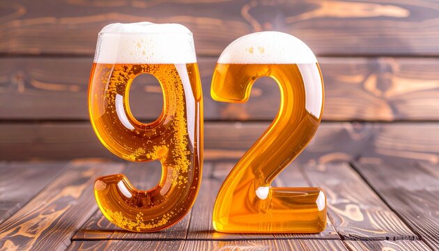Beer Typography &mdash; Number 92 with Bubbles and Foam on Wooden Background