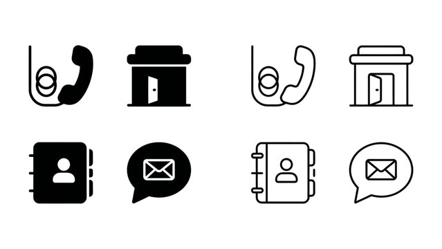 Contact Icons: A collection of minimalist icons representing various communication and contact methods, including a phone handset, office building, address book, and email symbol.