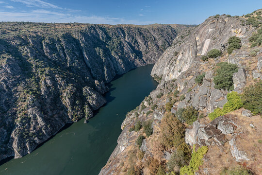 Landscape with cliffs and the Aldead&aacute;vila Reservoir from the Mirador del Fraile viewpoint. Duero River, Salamanca, Castile and Le&oacute;n, Spain. Arribes del Duero Natural Park.