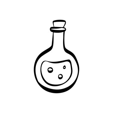 Minimalist black and white illustration of a potion bottle