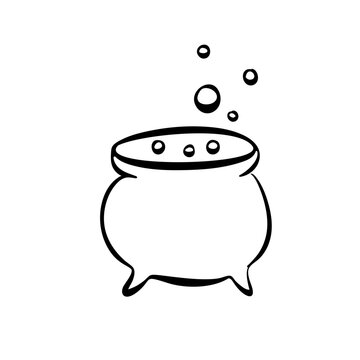 Black cauldron with bubbling potion and rising bubbles on white background