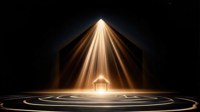A beam of divine light pierces the darkness, illuminating a miniature architectural structure radiating a gentle glow. ..Created with Generative AI, not depicting real subjects.