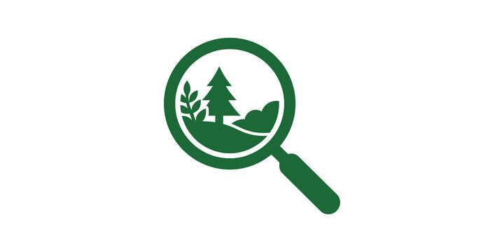 Green magnifying glass icon inspecting nature forest landscape on alpha.