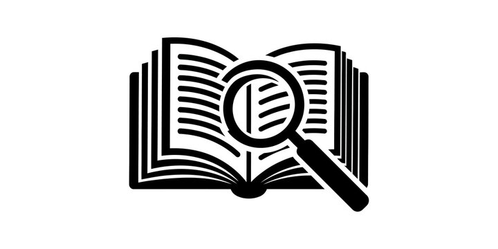 Open book reading icon with magnifying glass on transparent background.
