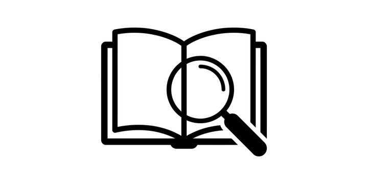 Simple open book outline icon with magnifying glass on alpha backdrop.
