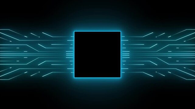 Dark futuristic technology background with a glowing blue square microchip frame and neon circuit lines, leaving black copy space in the center.