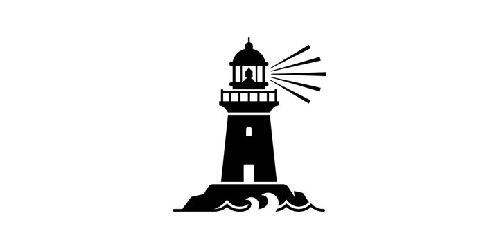 Black lighthouse on rocks emitting light beams for coastal warning.
