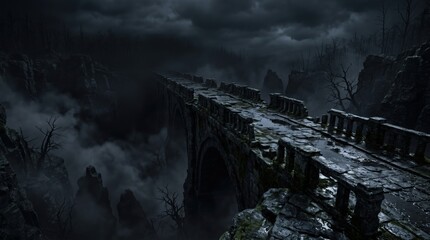 Fototapeta premium A dark and atmospheric digital artwork depicts a spooky old gothic stone bridge spanning a misty chasm on a gloomy halloween night, evoking a haunted mansion's eerie desolation.