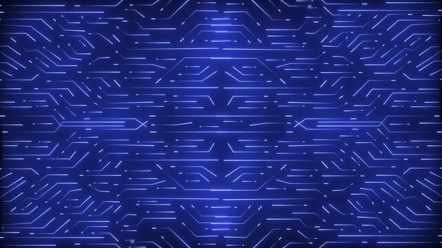 Glowing blue circuit board pattern with thin digital lines on a dark background, creating a modern technology and data network backdrop.