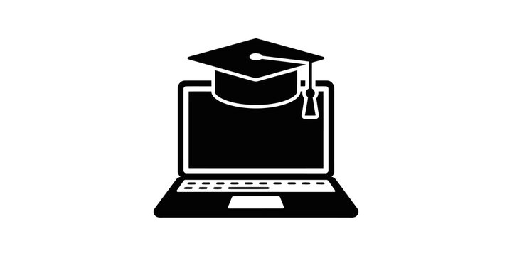 Graduation cap on laptop computer icon for online education concepts.