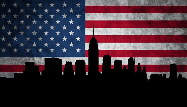 USA flag background with a dark city skyline silhouette for patriotic American concepts.