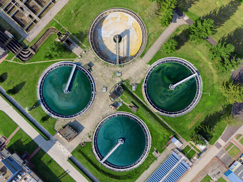 Circular clarifier tanks in industrial water facility