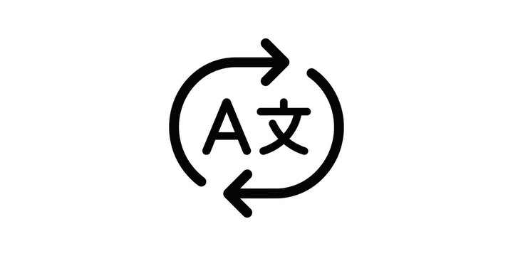 Language translation icon with two arrows and diverse alphabet symbols.