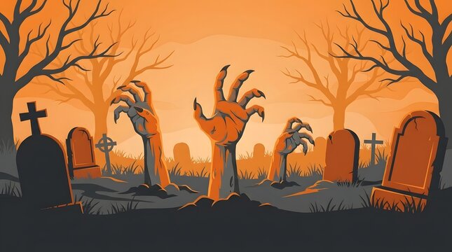 A spooky graveyard scene featuring rising zombie hands from the ground under an orange sunset sky perfect for a festive and creepy halloween background design