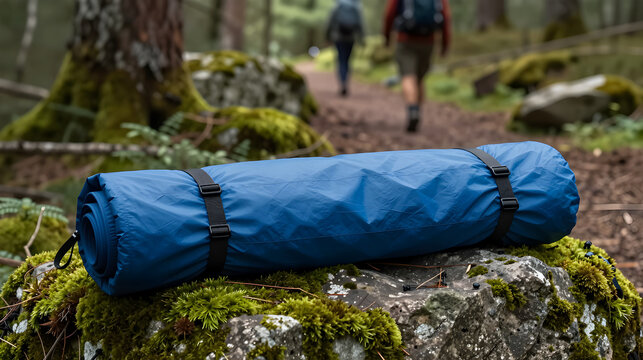 A rolled-up waterproof bivvy sack resting on a mossy forest rock.