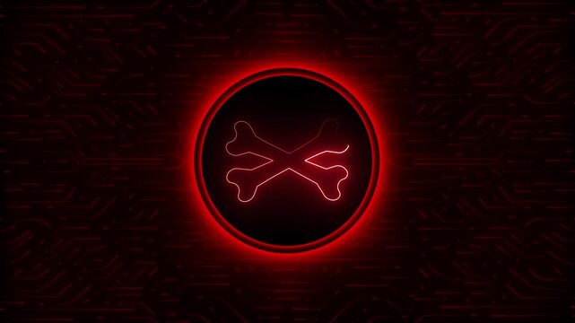 Glowing red crossed bones icon inside a dark circular badge, set against a black and red circuit pattern background.