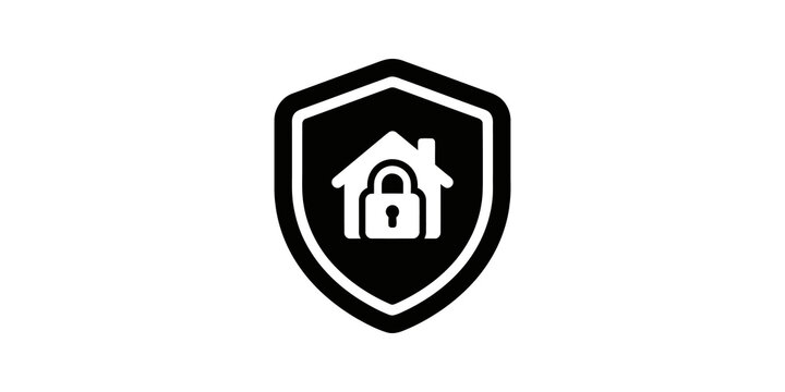 Home security shield icon featuring house shape with padlock symbol.