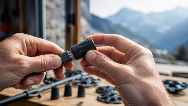 Close up of hands assembling small metal parts on a table surface, suggesting intricate craftsmanship or model building, detailed focus on engineering work