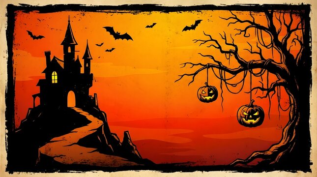 A spooky halloween background featuring a dark haunted castle silhouette on a hill with flying bats and glowing jack o lantern pumpkins hanging from trees