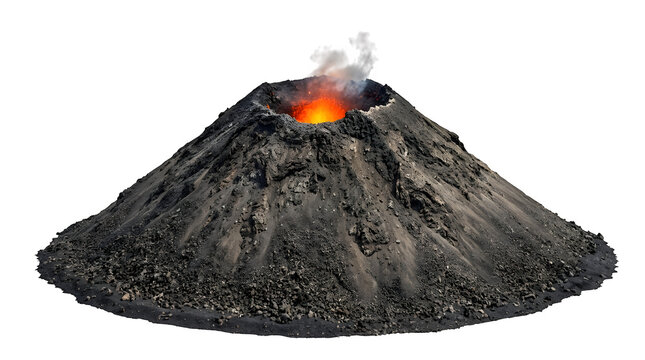 Volcanic eruption with lava and smoke explosion on isolated mountain.
