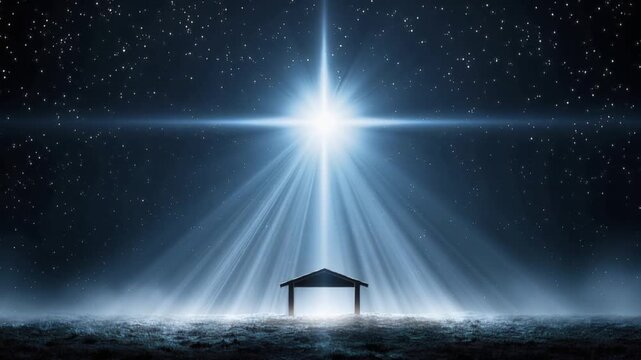 A radiant star shines brightly over a humble stable, casting divine rays of light upon the desolate ground. ..Created with Generative AI, not depicting real subjects.