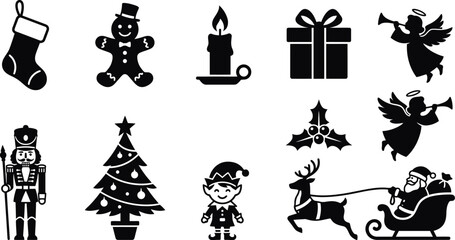 Naklejka premium Collection of black silhouette icons depicts christmas themed objects and figures on a white background