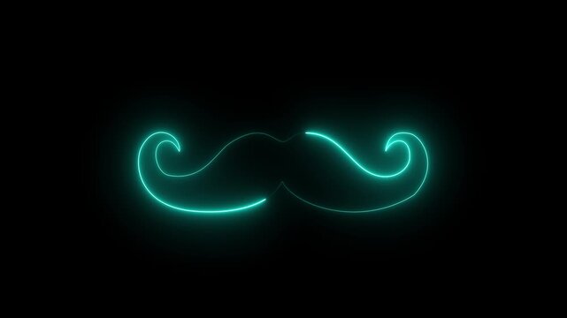 Neon royal mustache icon animation on black background, glowing facial hair symbol, elegant style and fashion concept, luxury barber logo, vintage grooming and masculine design element....