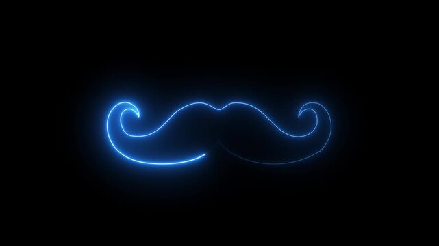 Neon royal mustache icon animation on black background, glowing facial hair symbol, elegant style and fashion concept, luxury barber logo, vintage grooming and masculine design element....