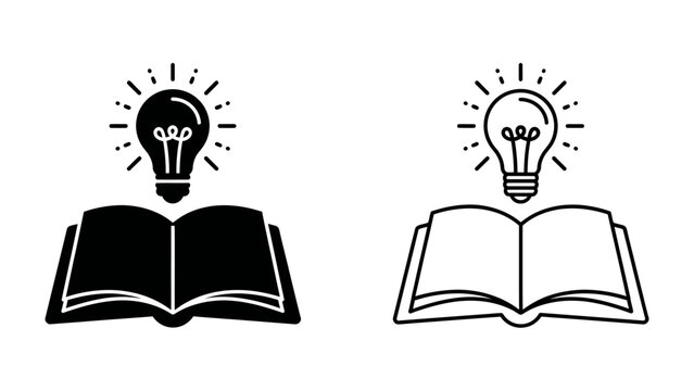 Book and Light Bulb Icons: Two stylized icons featuring an open book with a radiating light bulb above it, symbolizing knowledge, innovation, and new ideas.