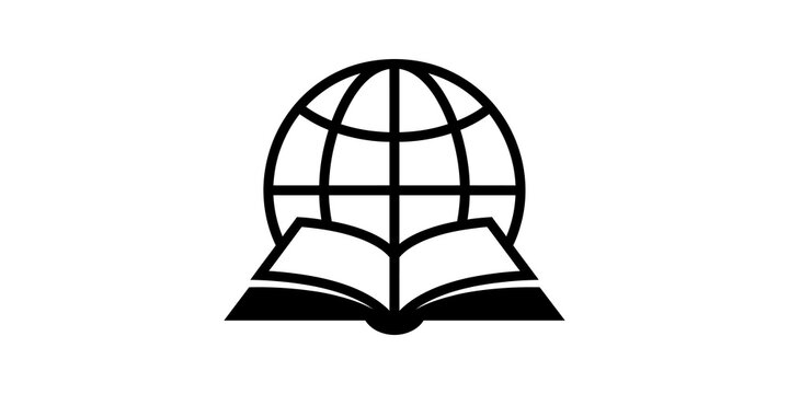 Open book globe icon for international education and global learning.