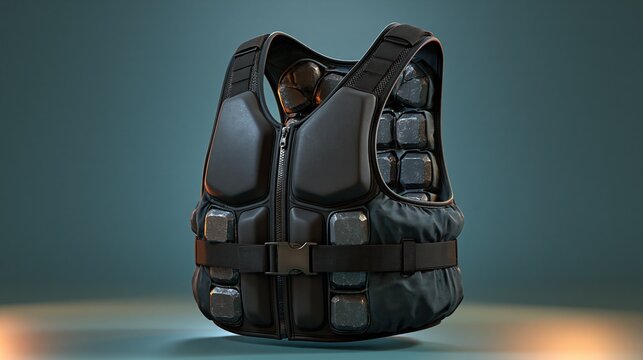 3D render illustration of a weighted vest with visible internal weight compartments, clean studio lighting, matte and fabric material shaders