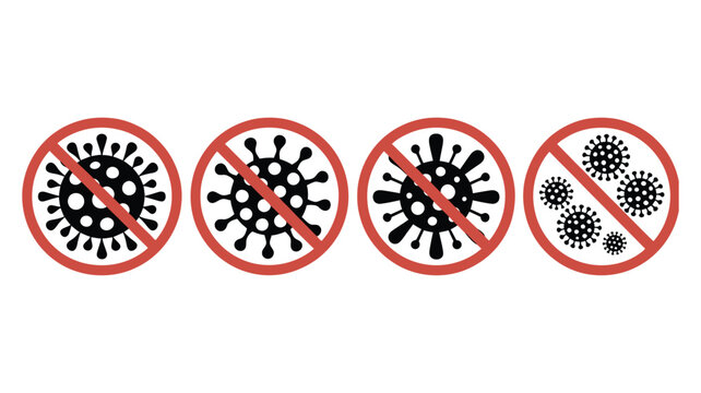 No virus infection icons featuring stop germs, bacteria, coronavirus prevention symbols, red warning circles, and health safety signs