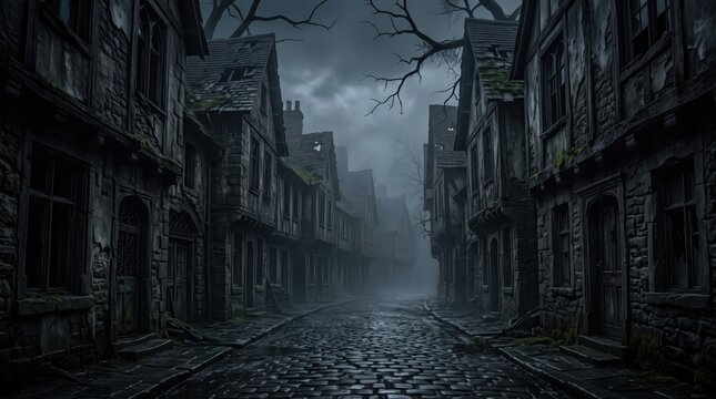 A dark, atmospheric view of a narrow gothic street with decaying buildings, shrouded in dense fog under a gloomy sky, evoking a spooky haunted halloween.
