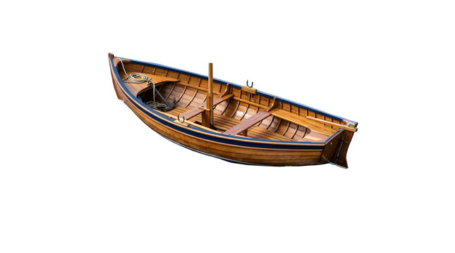 Vintage wooden boat model with transparent background isolated.