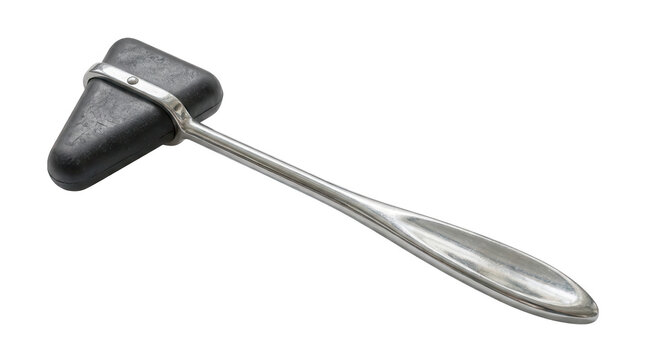 Neurological rubber reflex hammer with silver metal handle for testing deep tendon responses.
