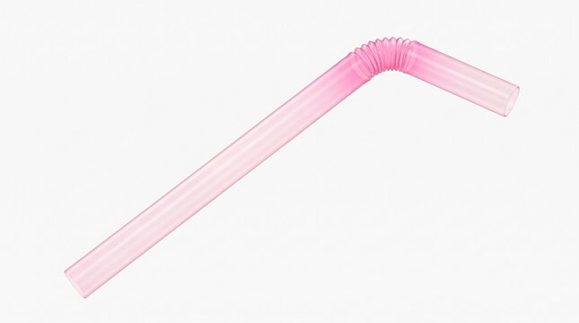 Flexible pink drinking straw bent at angle, disposable beverage accessory, party supplies.
