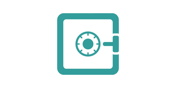 Turquoise safe box dial lock stencil vector icon over checker background.