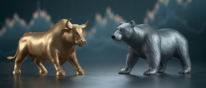 Perfect for fintech, trading platforms, and investment editorial. A golden bull confronts a silver bear before a blurred candlestick chart, symbolizing market volatility and financial.