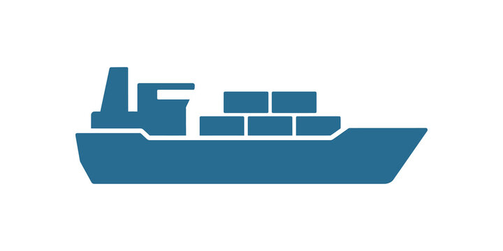 Cargo ship blue silhouette flat icon for maritime logistics industry.