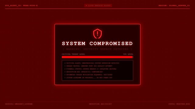 System compromised security breach alert critical warning screen.