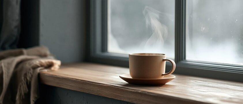 Warm hygge moment steaming ceramic mug on a rustic wooden sill against a frost fogged window, soft blanket nearby. Perfect for wellness, slow living, and seasonal lifestyle campaigns.