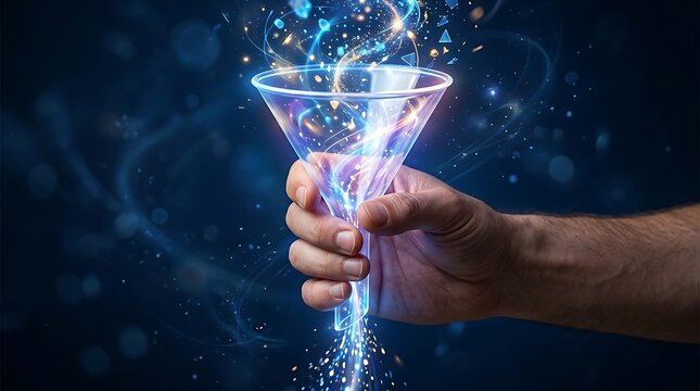 Hand holding a glowing funnel with magical blue light particles and digital energy flow.