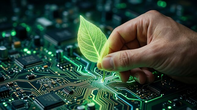 Hand holding a glowing green leaf over a computer circuit board for green technology concept