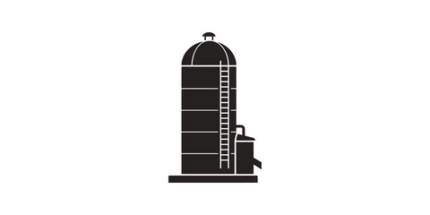 Black agricultural silo tank icon with access ladder and piping system. © SAJID