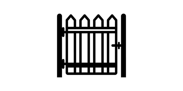Black wooden garden gate icon with pointed pickets and metal latch.