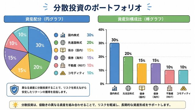 分散投資のポートフォリオと資産配分を示す円グラフと棒グラフ