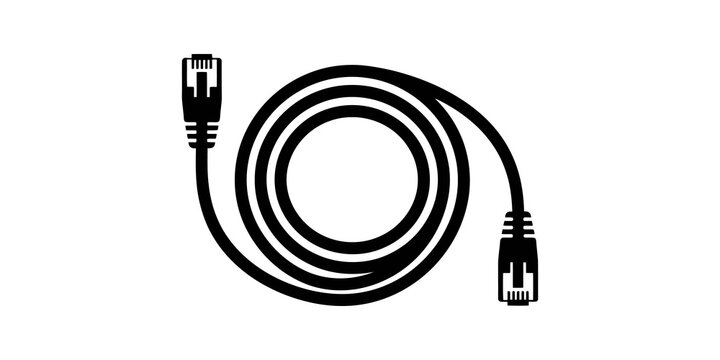 Coiled network cable black flat icon for connectivity and data transfers.