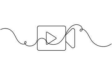 Obraz premium Multimedia video camera with play button icon sign continuous one line drawing on white background editable outline vector illustration